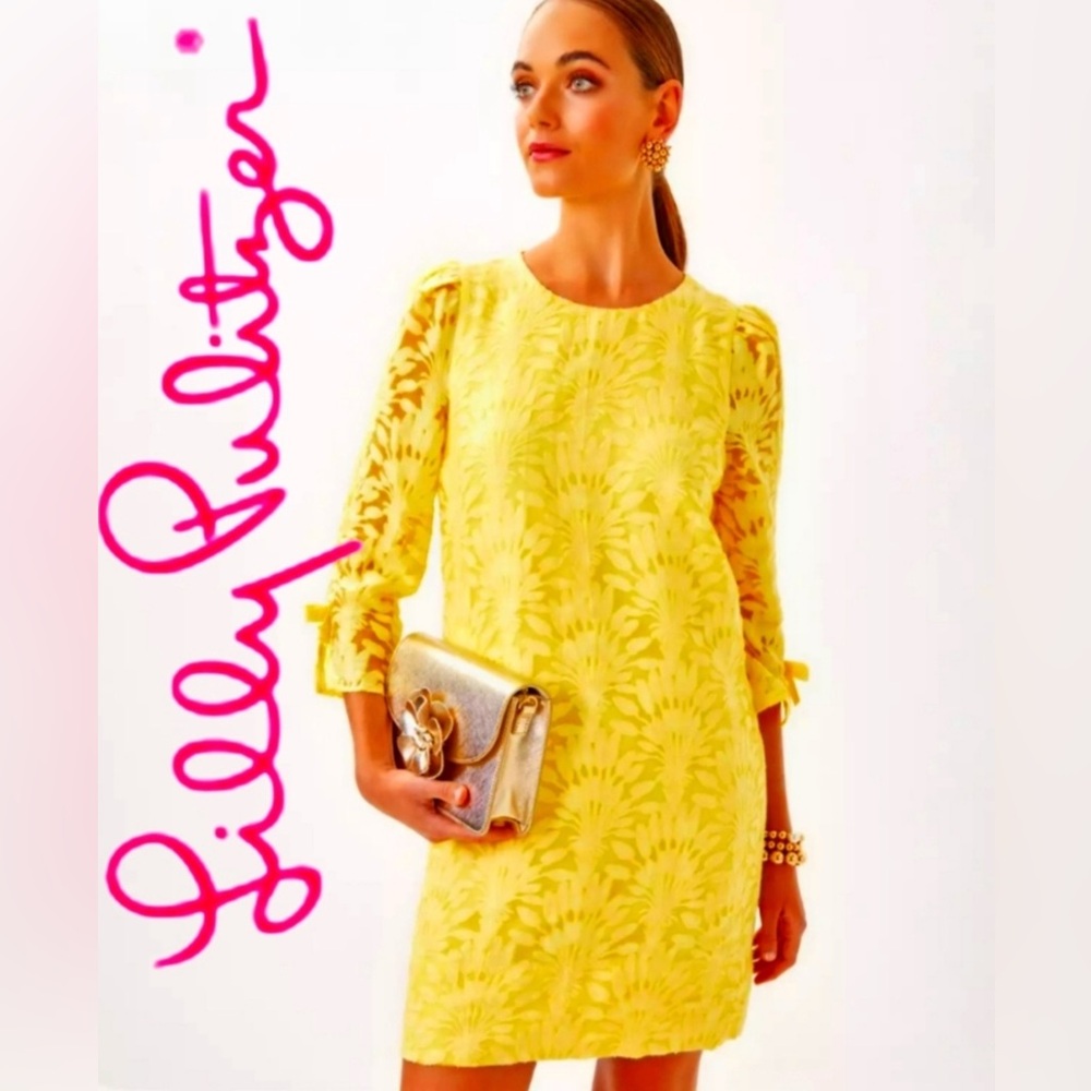 NWT Lilly Pulitzer Kavianna Dress Color: Finch Yellow Stacked Palm Burnout SZ 10 - Picture 2 of 11